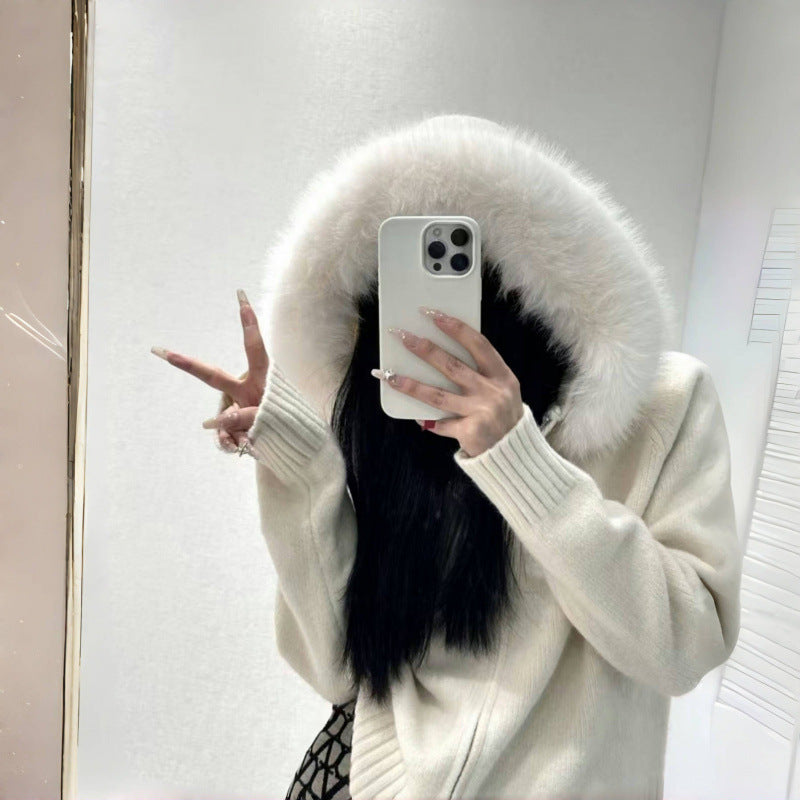 Damen Kapuzenpullover mit luxuriösem Pelzkragen und praktischen Taschen Drune
