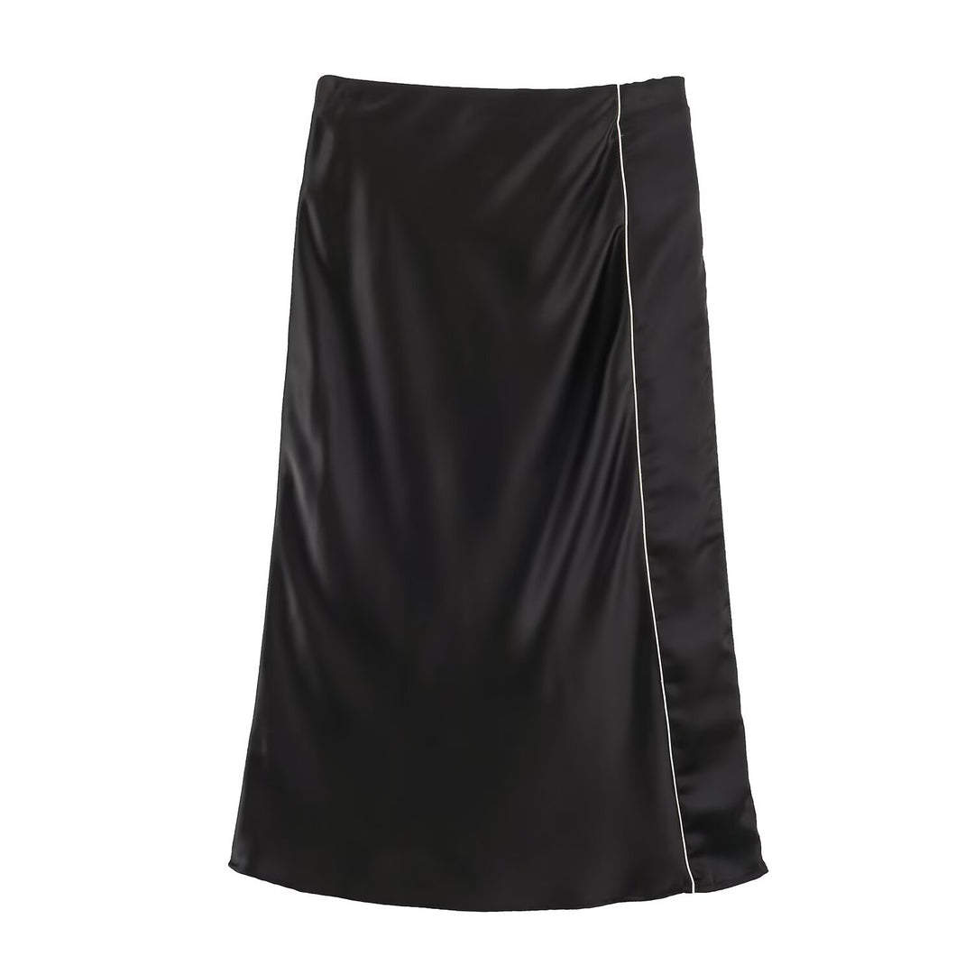 Damen Satin-Midirock mit seitlicher Überlappung und Kontrastpaspel Drune