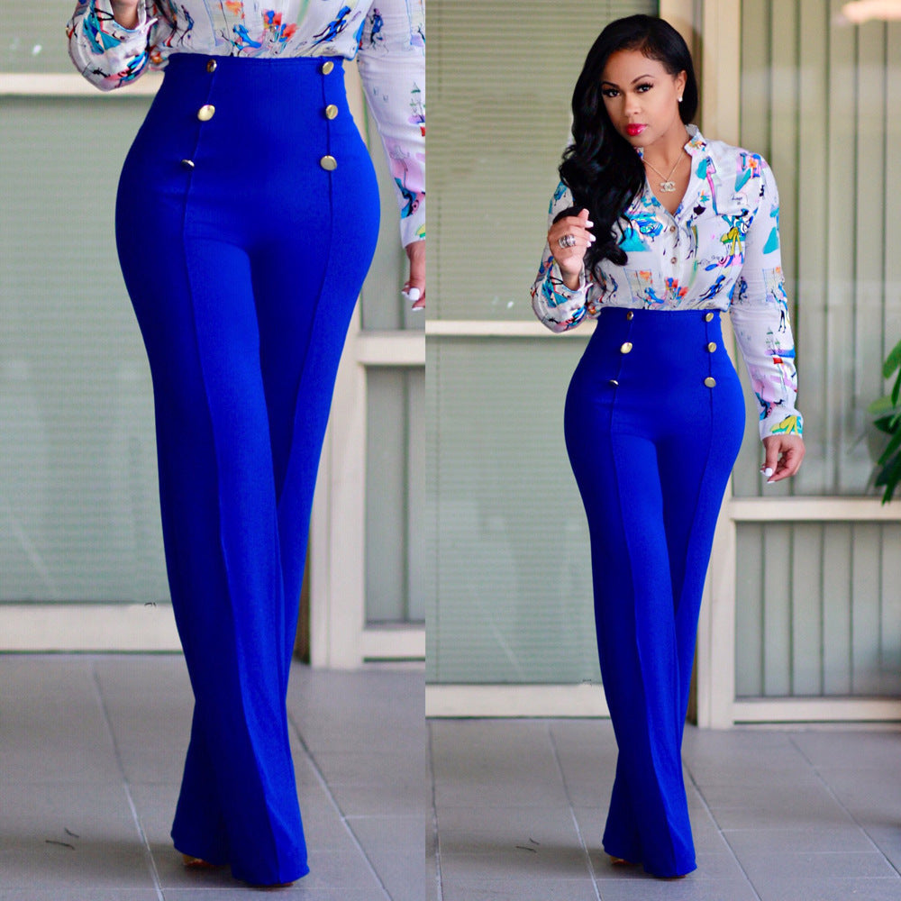 Damen hochtaillierte Palazzo-Hose mit dekorativen Knopfdetails Drune