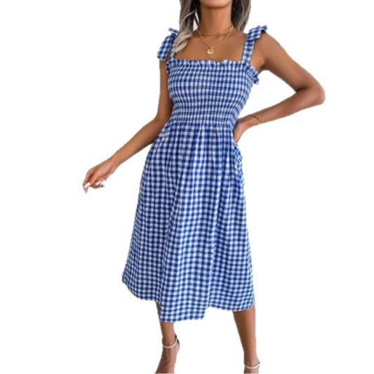 Damen lässiges kariertes A-Linien Kleid mit schmalen Trägern Drune