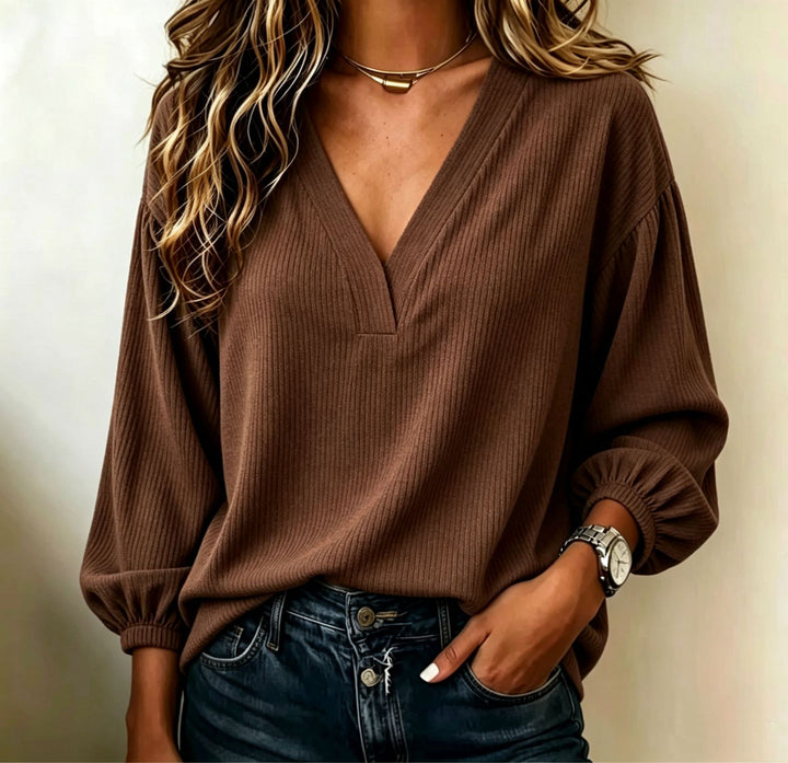 Damen Gerippter V-Ausschnitt Pullover mit Ballonärmeln Drune
