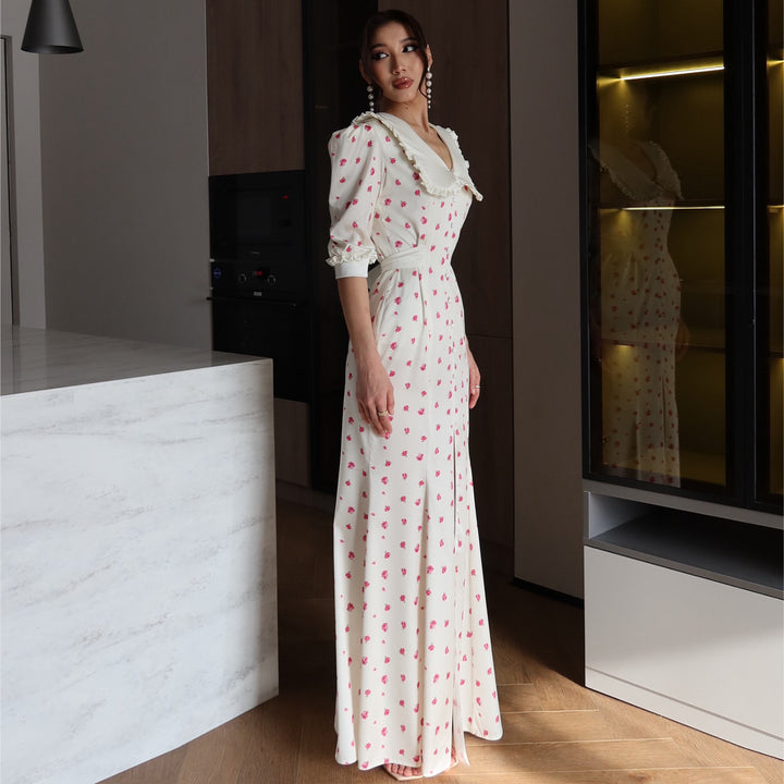 Damen Maxikleid mit eleganter Kragenkante und floralen Akzenten Drune