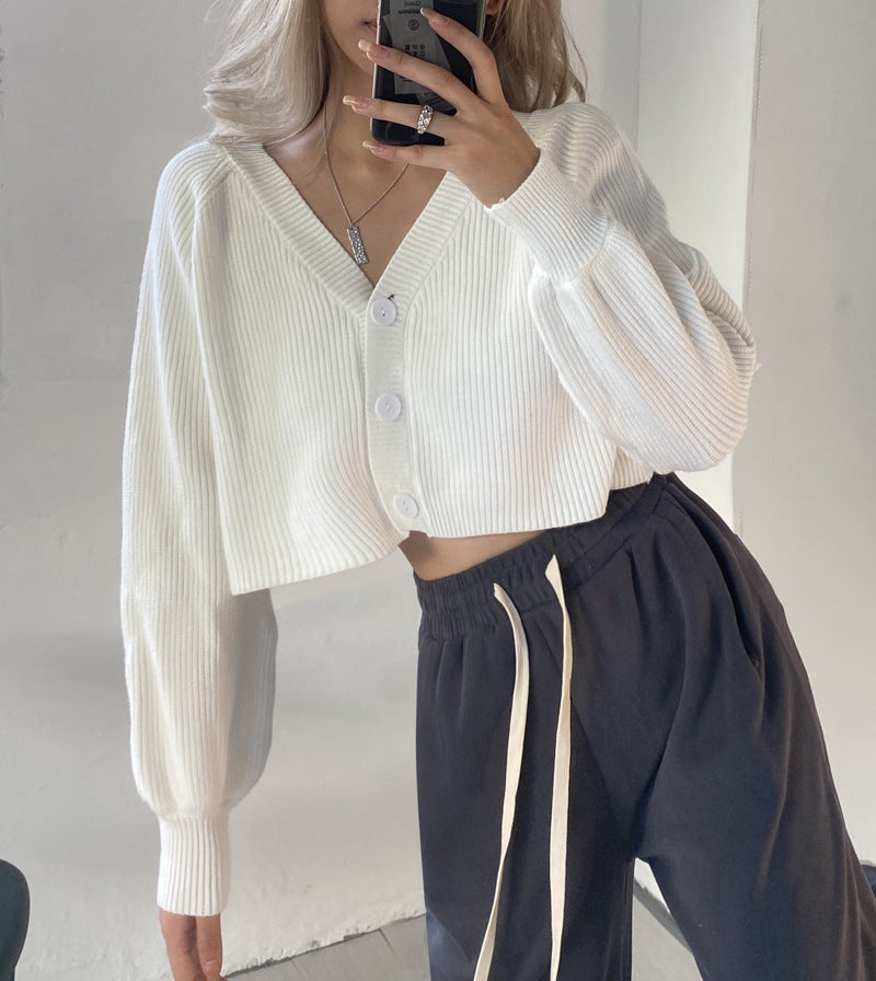 Damen Cropped Rippstrickcardigan Pullover Drune