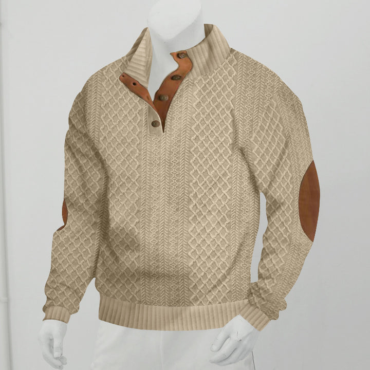 Herren Strukturiertes Zopfmuster-Henley-Pullover mit Lederbesatz an Ellbogen & Knopfleiste Drune
