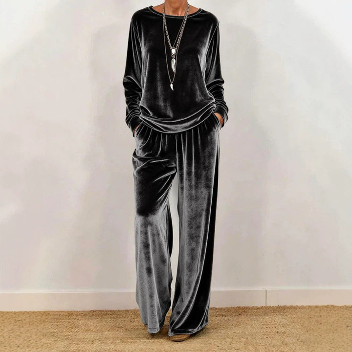 Damen Samt-Loungewear-Set mit weitem Bein, elastischem Bund und Rundhalsausschnitt Drune