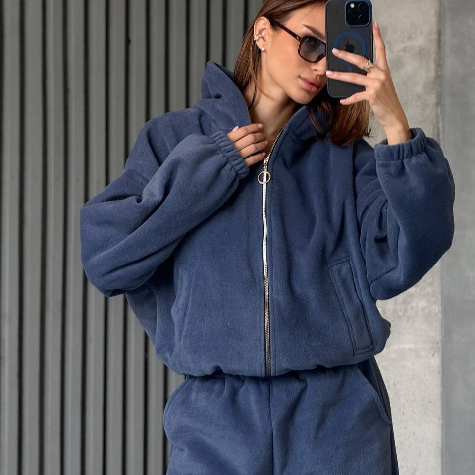 Damen Plüsch-Loungewear-Set mit Reißverschluss-Kapuzenjacke und taillenhoher Jogginghose Drune