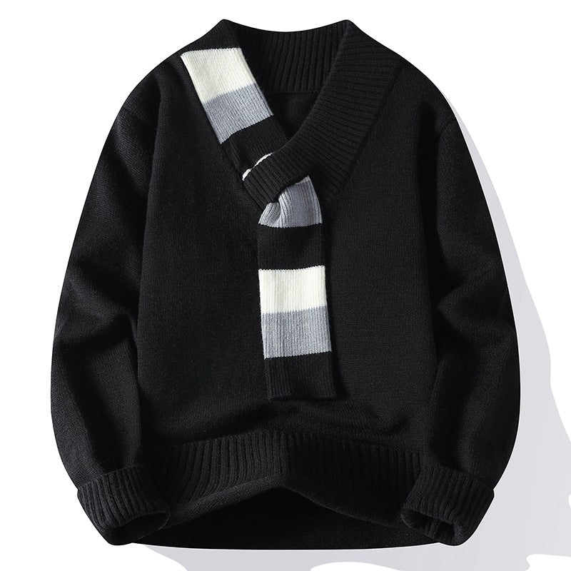 Herren V-Ausschnitt Strickpullover mit integriertem Kontraststreifen-Schal und gerippten Bündchen Drune