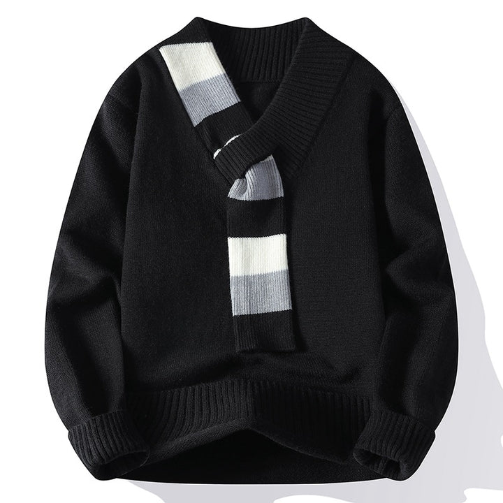 Herren V-Ausschnitt Strickpullover mit integriertem Kontraststreifen-Schal und gerippten Bündchen Drune