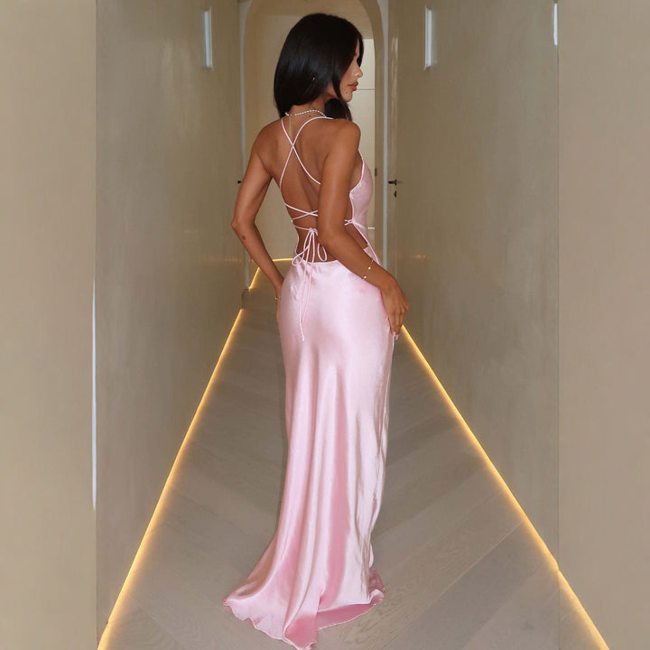 Damen Elegantes Satinabendkleid mit spaghettiträgern und fließendem Schnitt Drune