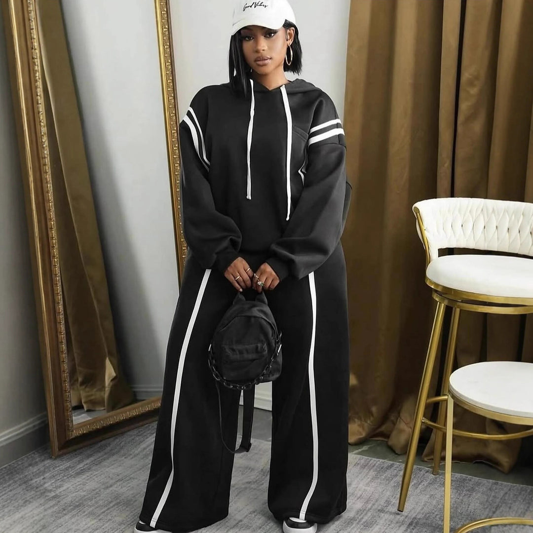 Damen sportliches Hoodie- und weitbein-Set mit eleganten Streifen Drune