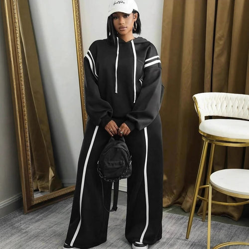Damen sportliches Hoodie- und weitbein-Set mit eleganten Streifen Drune