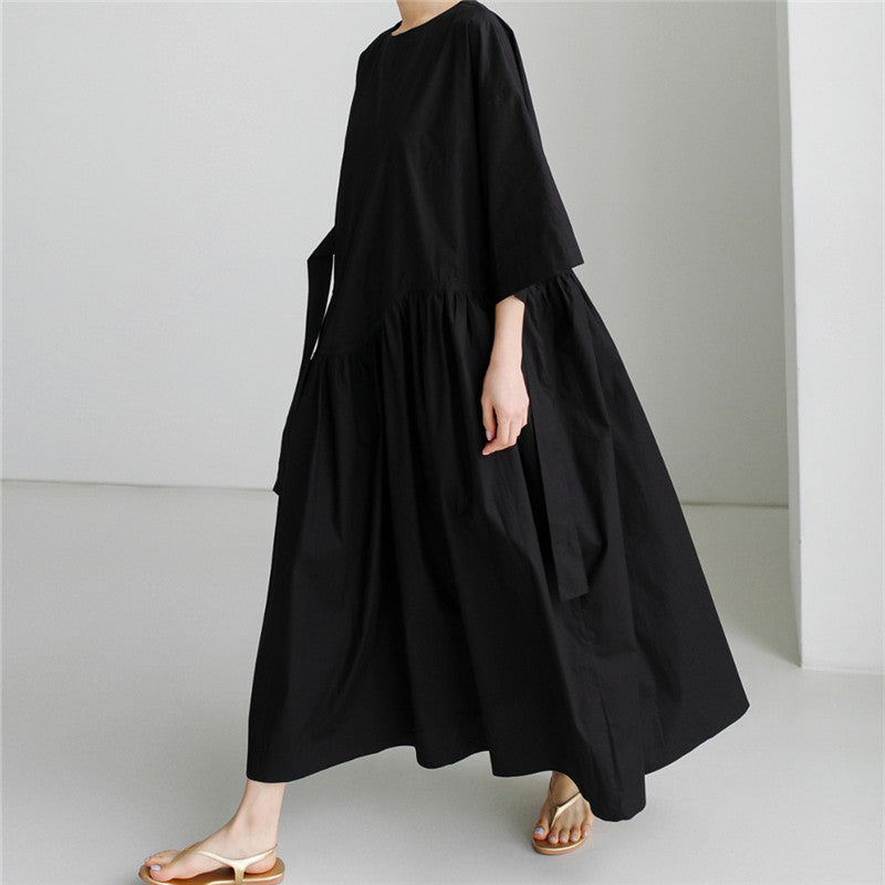 Damen Langes Baumwoll-Maxikleid mit Wickelgürtel und Eingrifftaschen Drune