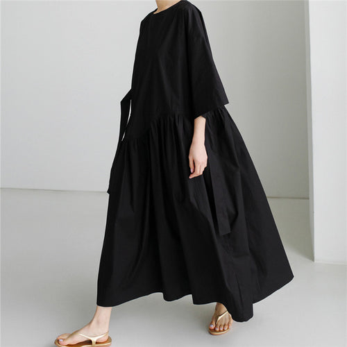 Damen Langes Baumwoll-Maxikleid mit Wickelgürtel und Eingrifftaschen Drune