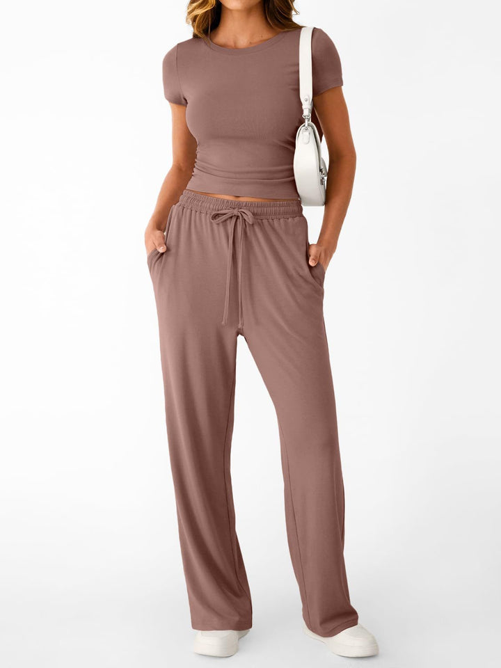 Damen lässiger Freizeitanzug mit kurzen Ärmel und weiten Hosen Drune