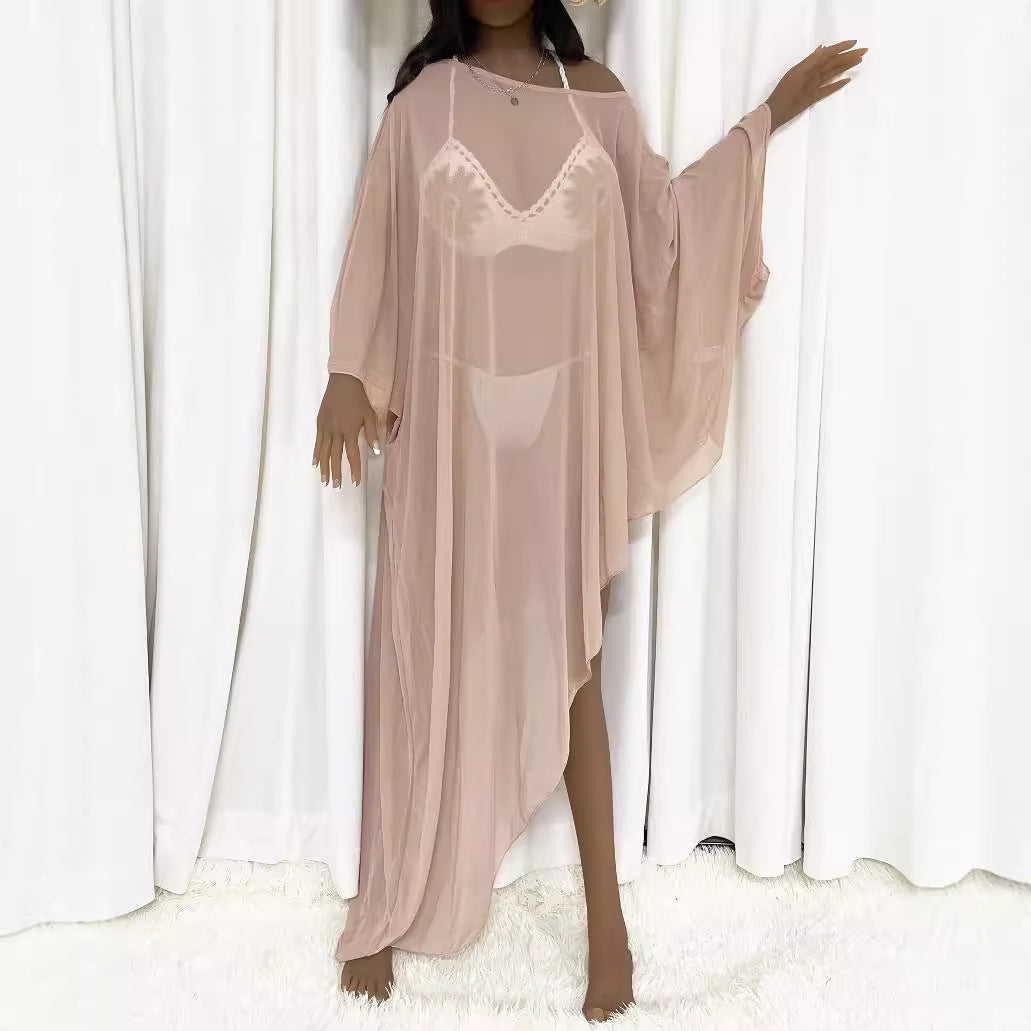 Damen transparenter Strandüberwurf mit eleganten Ärmeln Drune