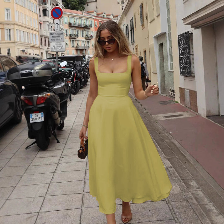 Damen Elegantes Maxikleid mit quadratischem Ausschnitt und fließendem Rock Drune