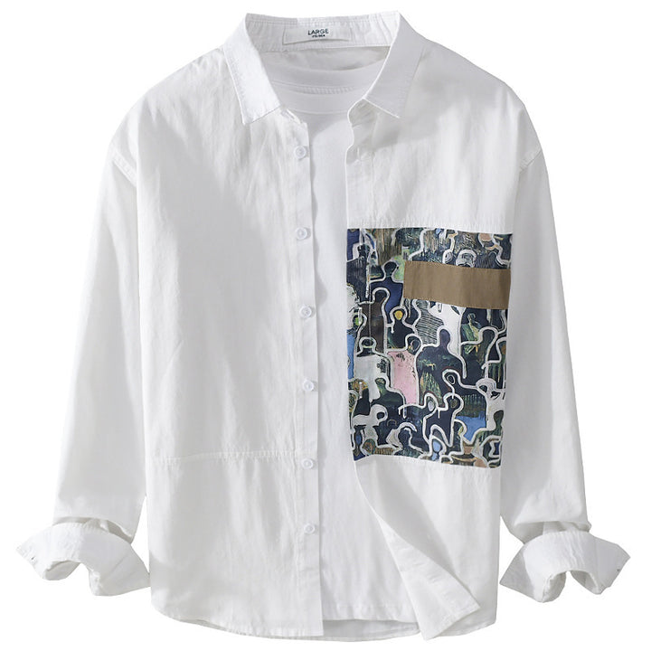 Herren Baumwollhemd mit großem Kunst-Print-Brustpatch und Kentkragen Drune