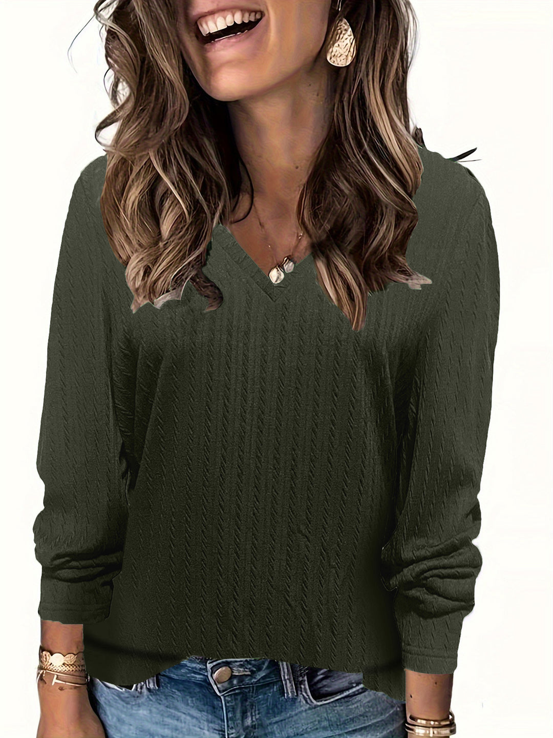 Damen Feinstrick-Langarmshirt mit V‑Ausschnitt und Zopfmuster Drune