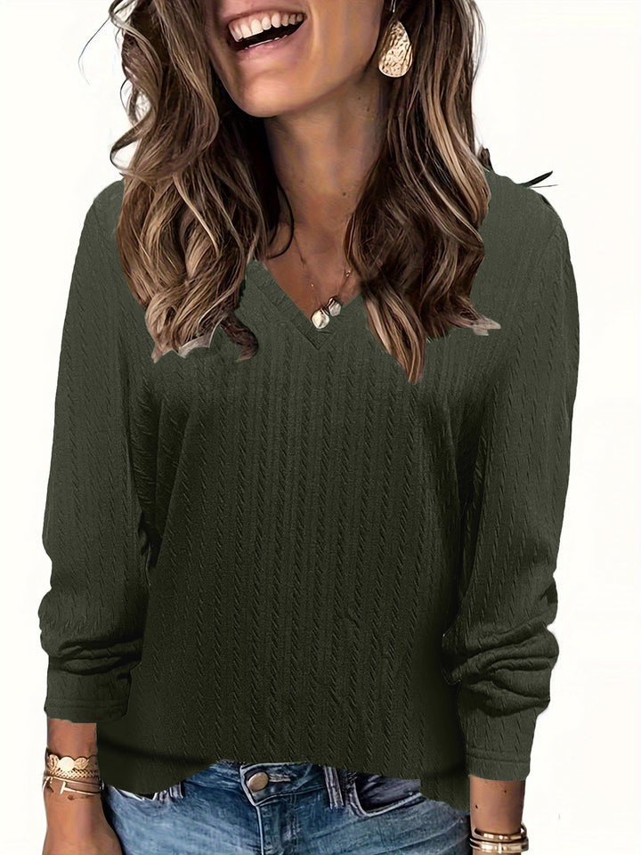 Damen Feinstrick-Langarmshirt mit V‑Ausschnitt und Zopfmuster Drune