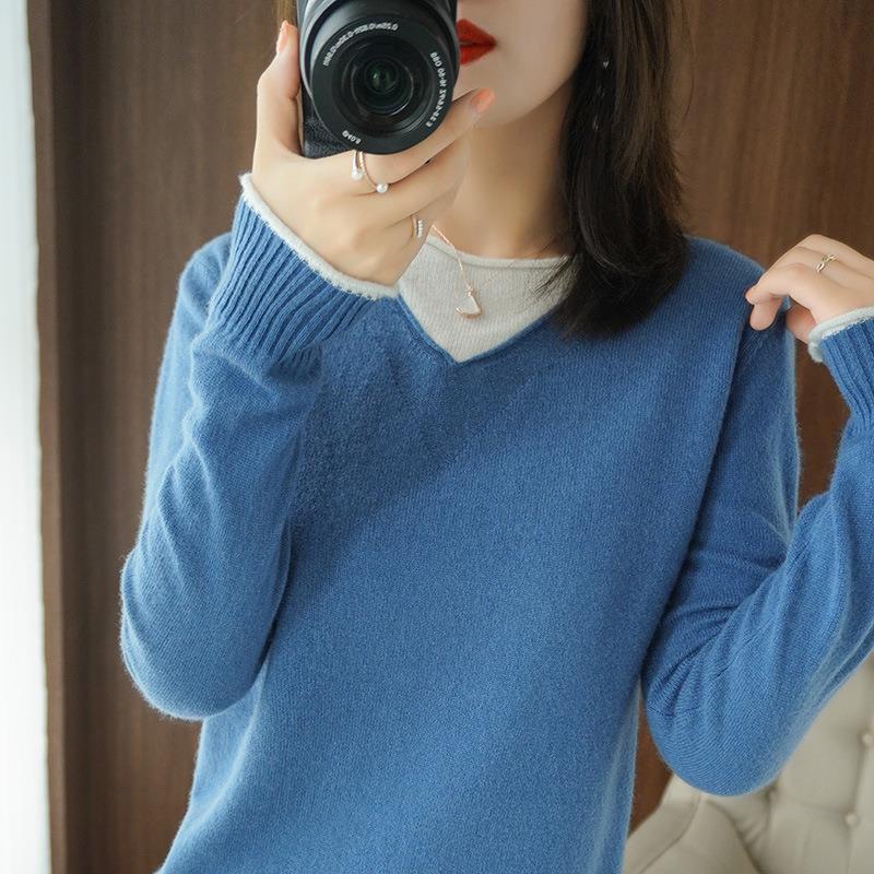 Damen Weicher V‑Ausschnitt-Pullover aus Kaschmir‑Look mit kontrastierter Kantenverzierung Drune