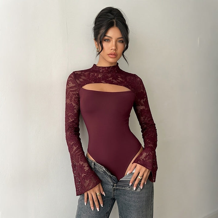 Damen Elegantes Spitzenoberteil mit Y-Ausschnitt und Volantärmeln Drune