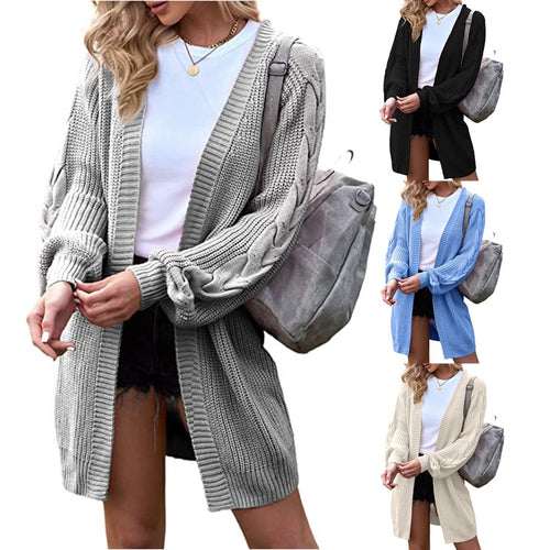 Damen Strickcardigan mit voluminösen Ärmeln und Zopfdetails Drune