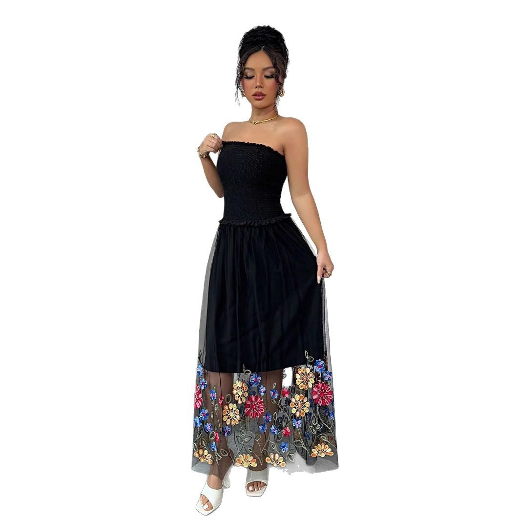 Damen nan schulterfreies Midikleid mit Smok-Oberteil und besticktem Tüllrock Drune