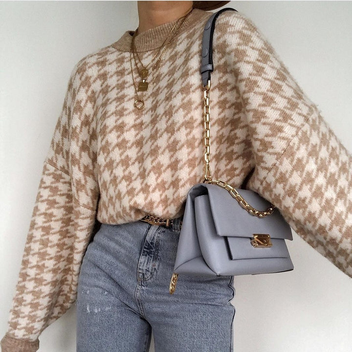 Damen Oversized Strickpullover mit modernem Hahnentrittmuster und lässigem Schnitt Drune