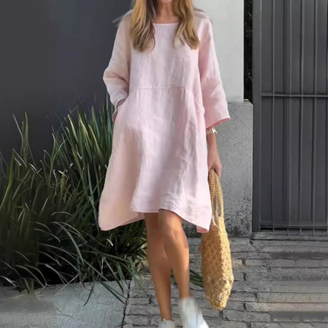 Damen lässiges Leinenkleid mit praktischen Taschen und asymmetrischem Saum Drune