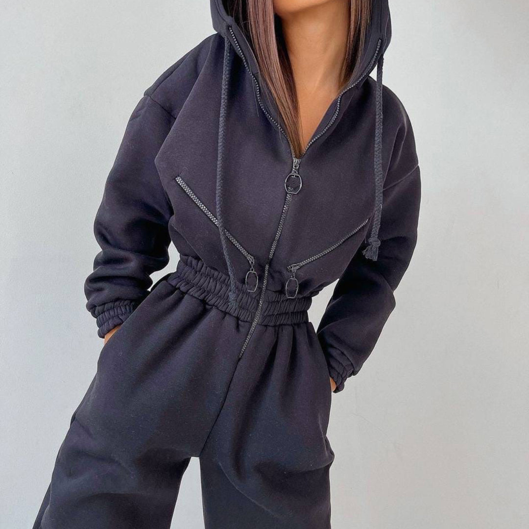 Damen taillierter Kapuzen-Jumpsuit mit elastischem Bund und markanten Kontrast-Reißverschlüssen Drune