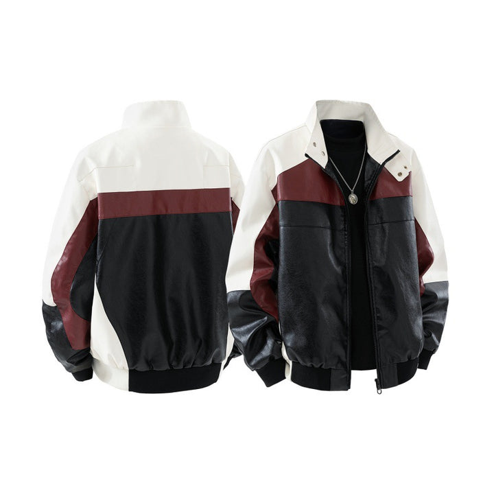 Herren Lederimitat-Bomberjacke im Colorblock-Stil mit Stehkragen, Zwei-Wege-Reißverschluss und elastischen Bündchen Drune