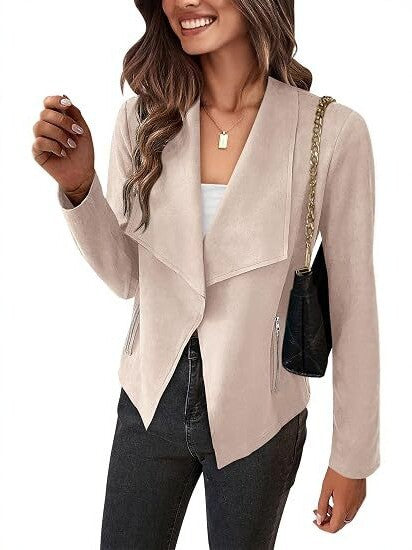 Damen Velourslederimitat-Wasserfallblazer mit asymmetrischem Saum und Reißverschlusstaschen Drune