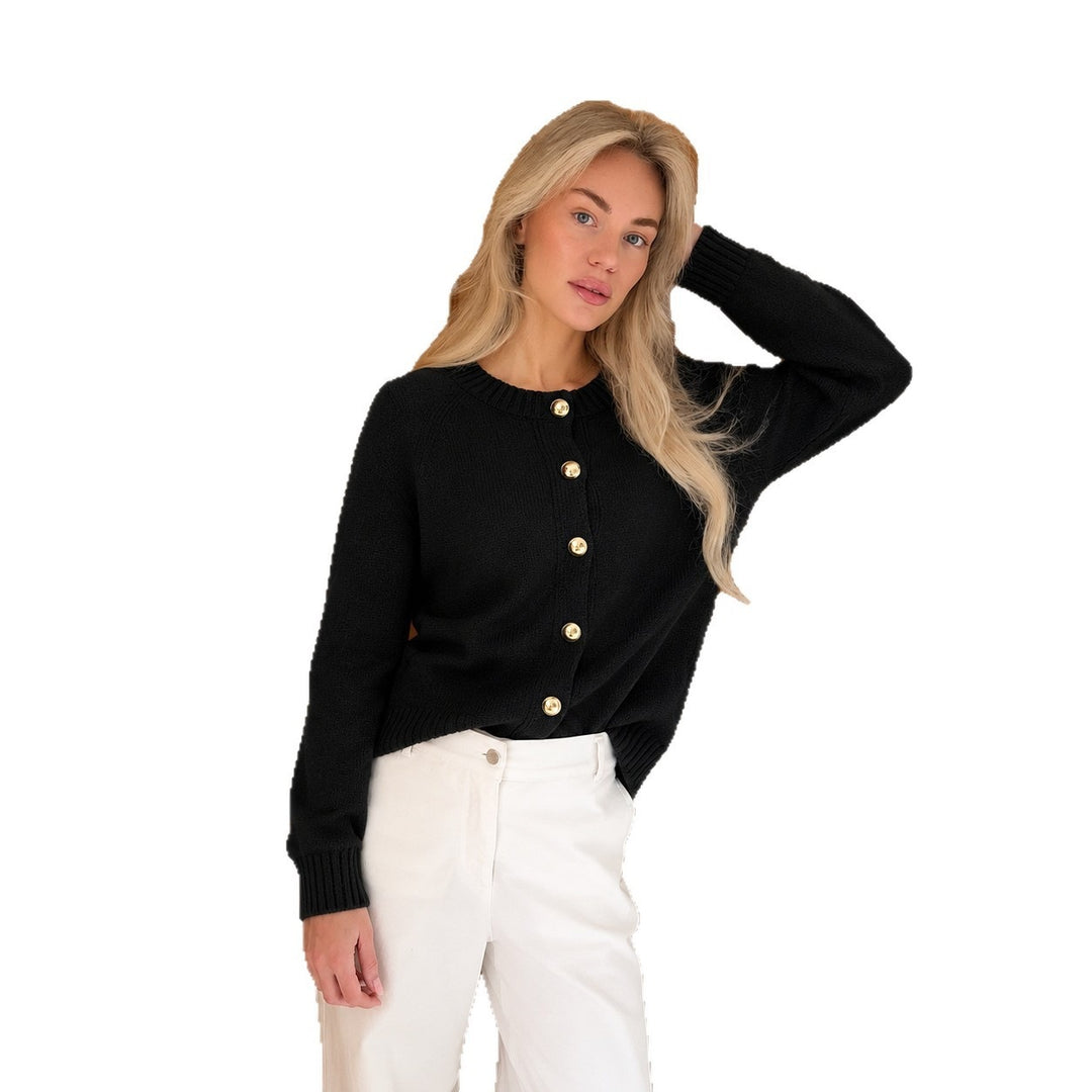 Damen kastiger Feinstrick-Cardigan mit goldfarbenen Zierknöpfen und gerippten Bündchen Drune