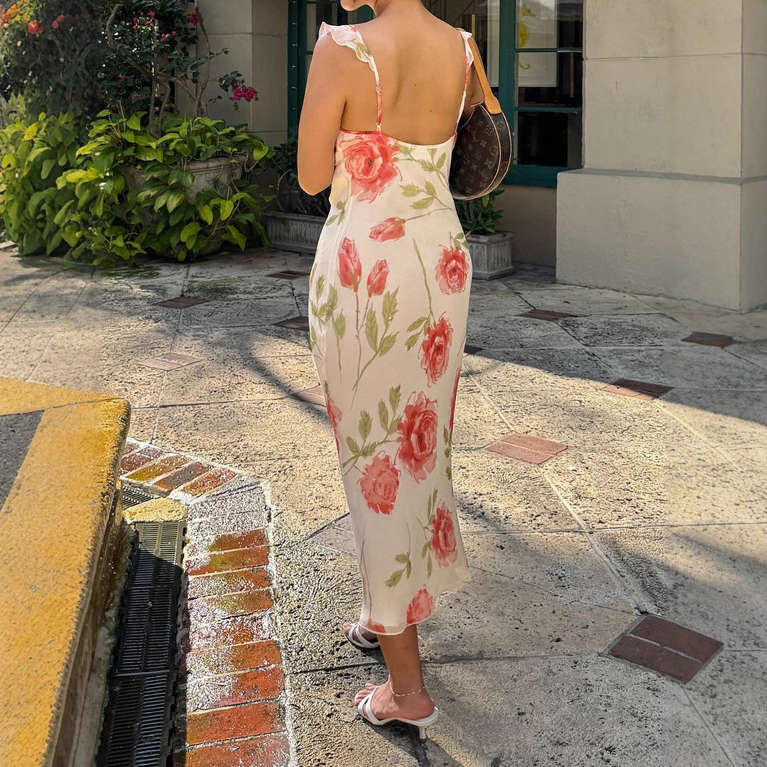 Damen Maxikleid mit floralem Cut-Out und feinen Spaghettiträgern Drune