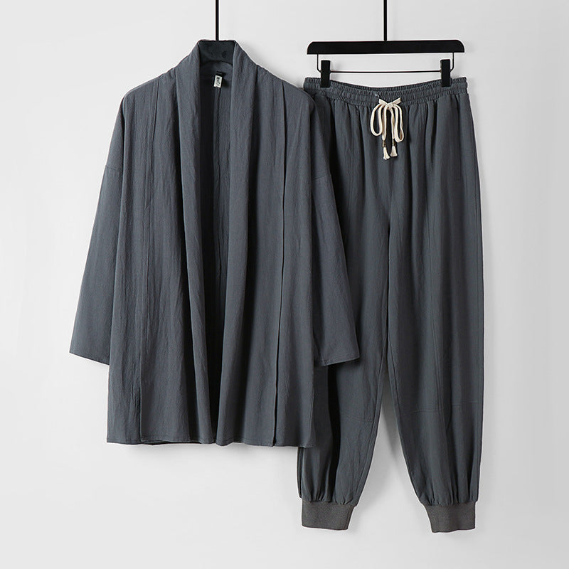 Unisex Luftiges Freizeit-Set im Kimono-Stil mit Schalkragenjacke und konisch zulaufender Joggerhose Drune