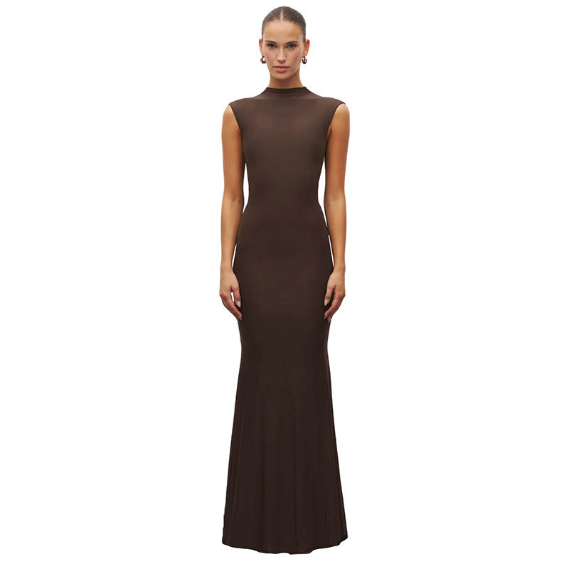 Damen Elegantes Schmalgeschossenes Maxikleid mit hohem Kragen Drune