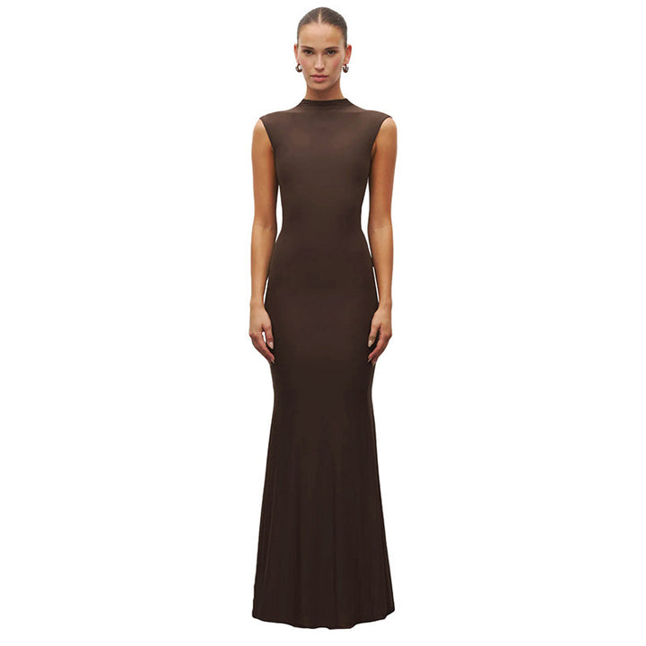 Damen Elegantes Schmalgeschossenes Maxikleid mit hohem Kragen Drune