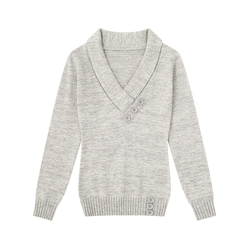 Damen Feinstrick-Pullover mit Schalkragen, V-Ausschnitt und Zierknöpfen Drune