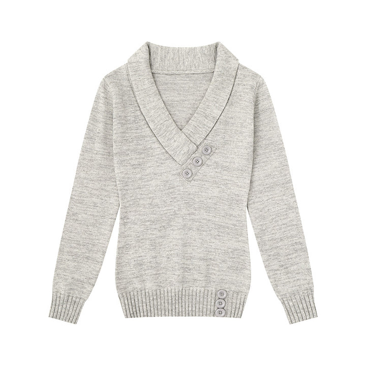 Damen Feinstrick-Pullover mit Schalkragen, V-Ausschnitt und Zierknöpfen Drune