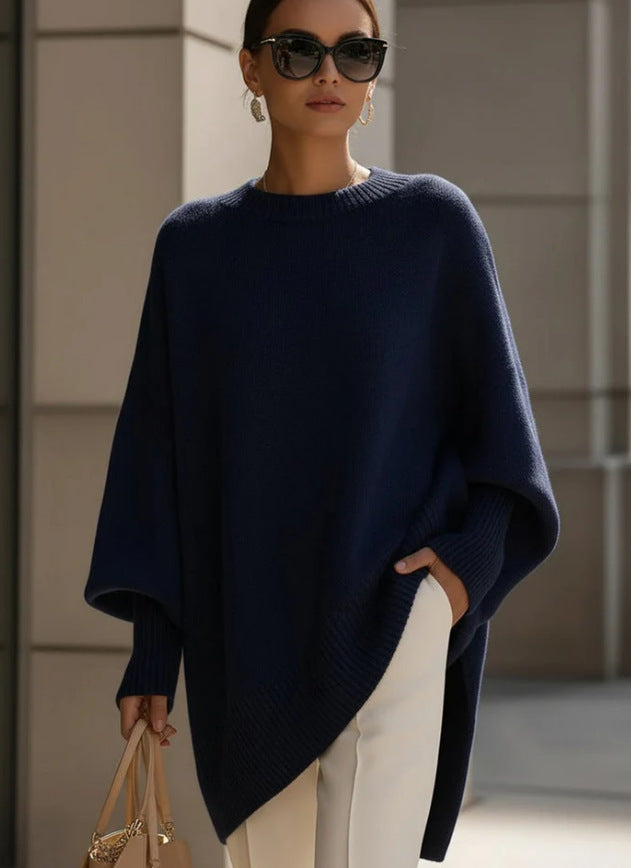 Damen nan Oversize Strickponcho mit asymmetrischem Saum und gerippten Ärmeln Drune