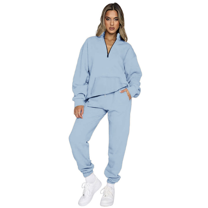 Damen nan French‑Terry Relax‑Loungewear‑Set mit halbem Reißverschluss, Kängurutasche und taillierter, schmal zulaufender Jogginghose Drune