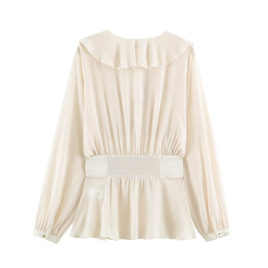 Damen Filigrane V‑Neck‑Bluse mit Volantkragen, taillierter Bundpasse und Ballonärmeln Drune