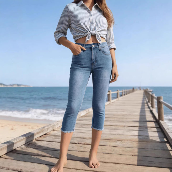 Damen nan schmale knöchellange Jeans mit rohem Fransenabschluss und mittelhoher Taille Drune