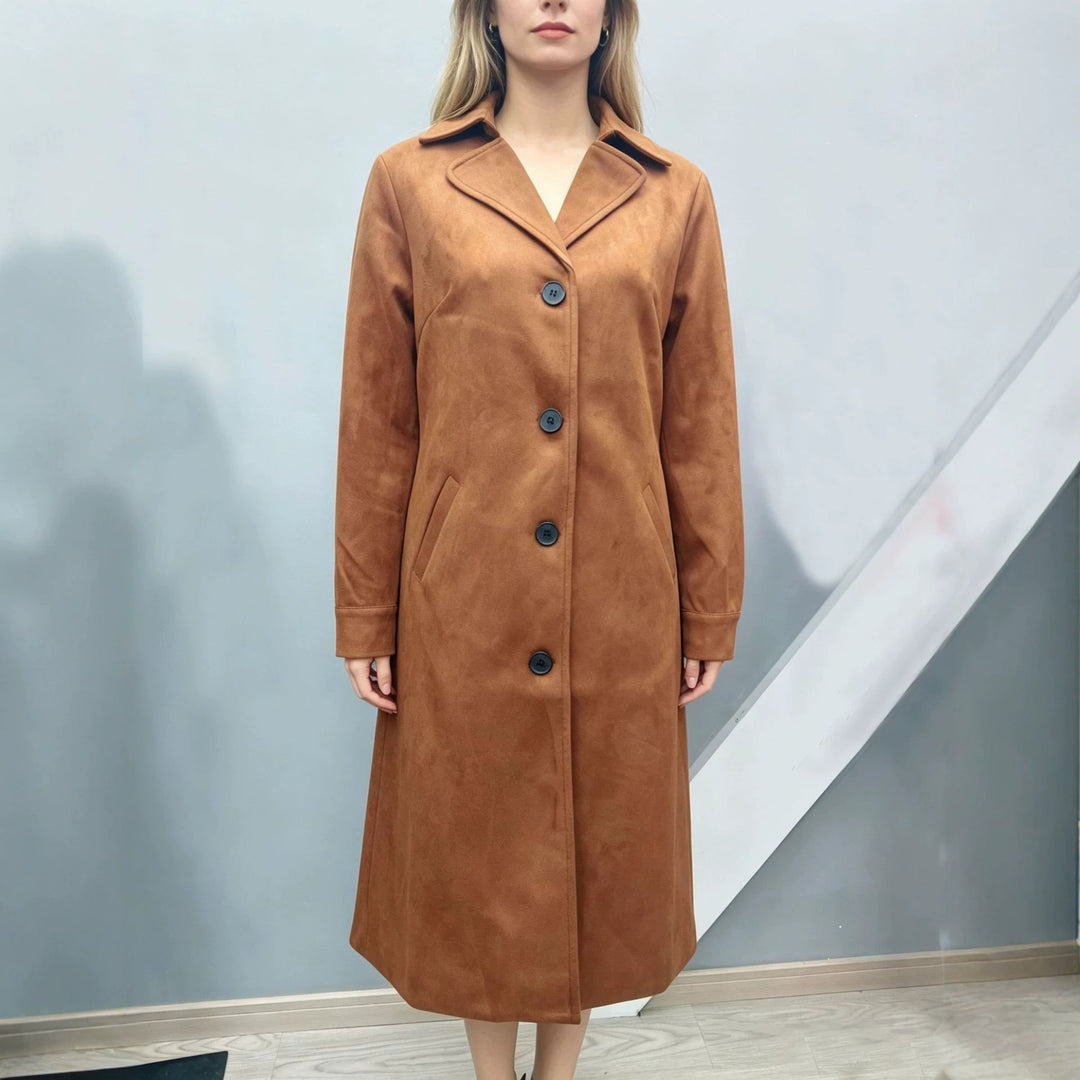 Damen nan langer Veloursimitat-Mantel mit klassischem Revers, markanter Knopfleiste und schrägen Eingrifftaschen Drune
