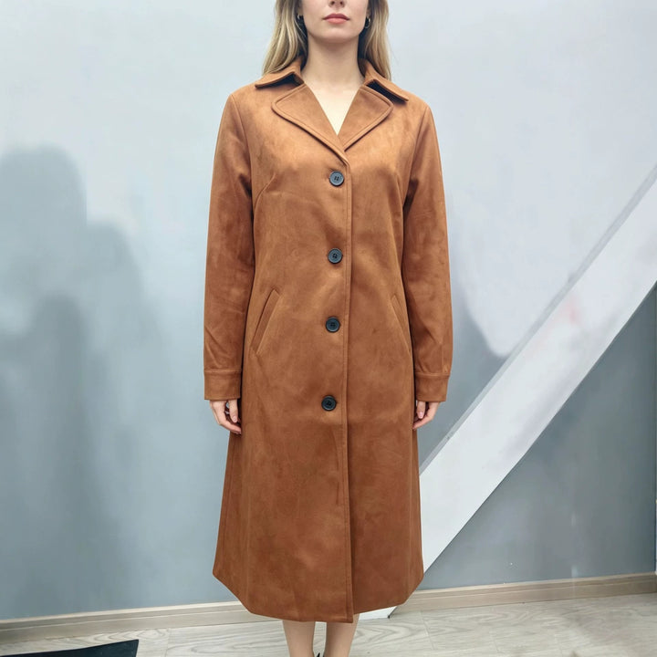 Damen nan langer Veloursimitat-Mantel mit klassischem Revers, markanter Knopfleiste und schrägen Eingrifftaschen Drune
