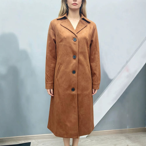 Damen nan langer Veloursimitat-Mantel mit klassischem Revers, markanter Knopfleiste und schrägen Eingrifftaschen Drune