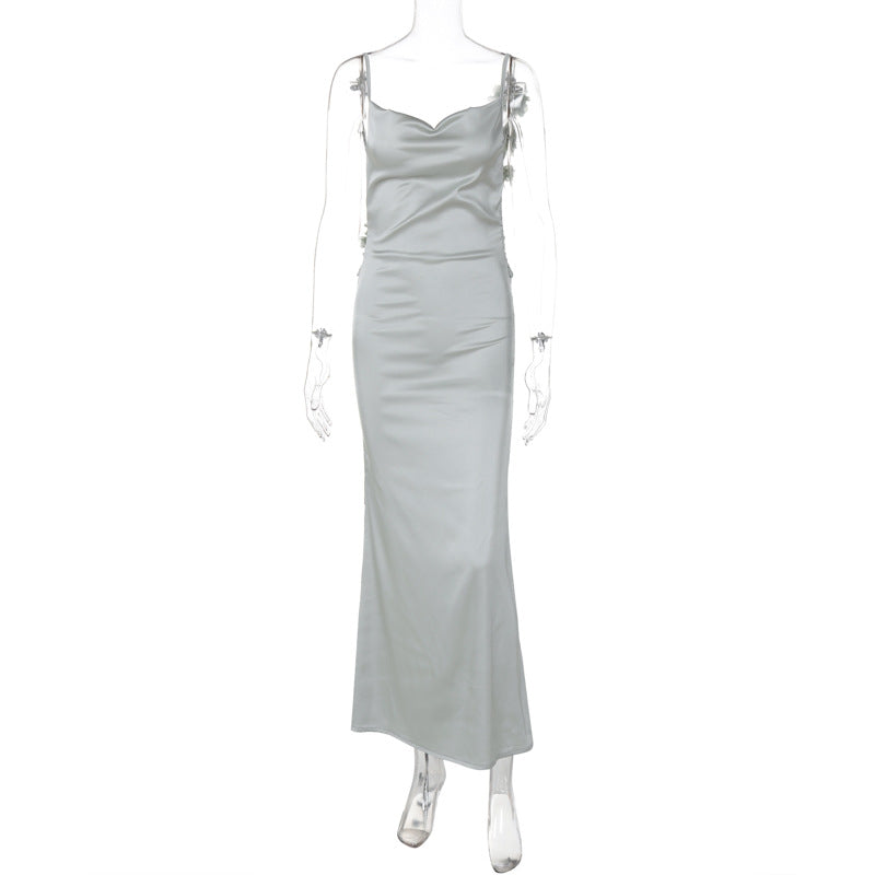 Damen Satin Maxikleid mit zarten Trägern und eleganter Drapierung Drune