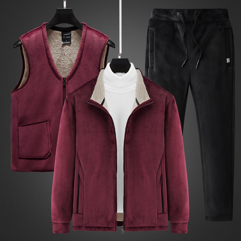 Herren wärmendes Fleece-Dreiteiliges Set mit Reißverschlussjacke, Teddyweste und Jogginghose Drune
