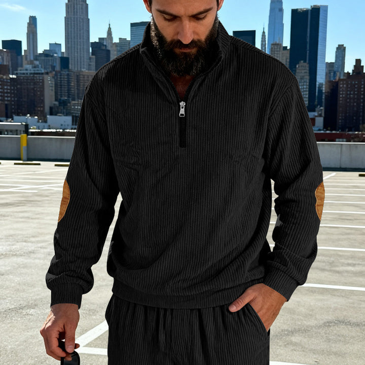 Herren Cord-Struktur-Halbzip-Pullover im Relaxed-Fit mit Stehkragen und Ellbogen-Patch Drune