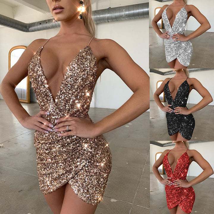 Damen Partykleid mit tiefem V-Ausschnitt und glamourösem Paillettenbesatz Drune